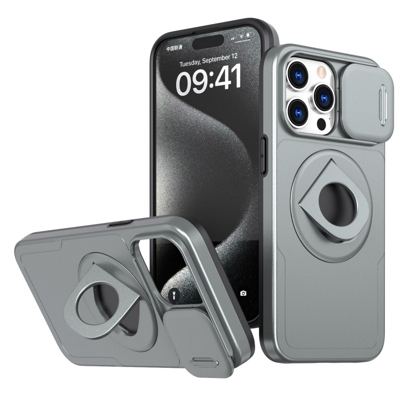 Heavy Duty Magnetic Suction iphone Case with Rotating Stand and Lens Push Window Protection 